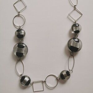 Chunky Black Silver Lucite Beads Necklace Ovals Circles Squares Links 24" Length
